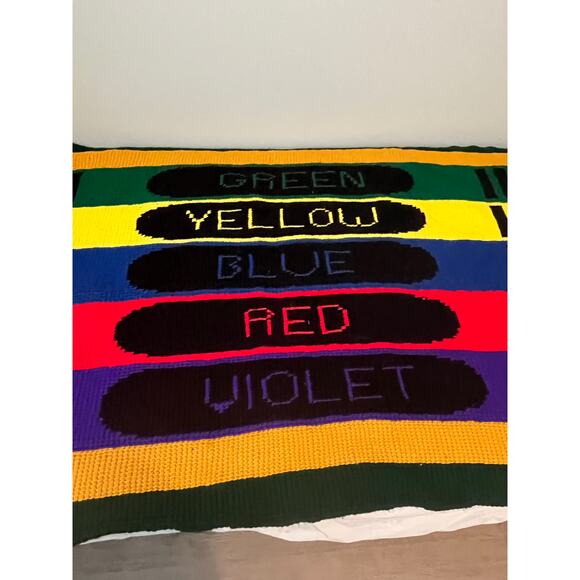 VTG Crochet Crayon Colors Twin Size Afghan Blanket 44"x92" Homeschool Day Care - Picture 2 of 7